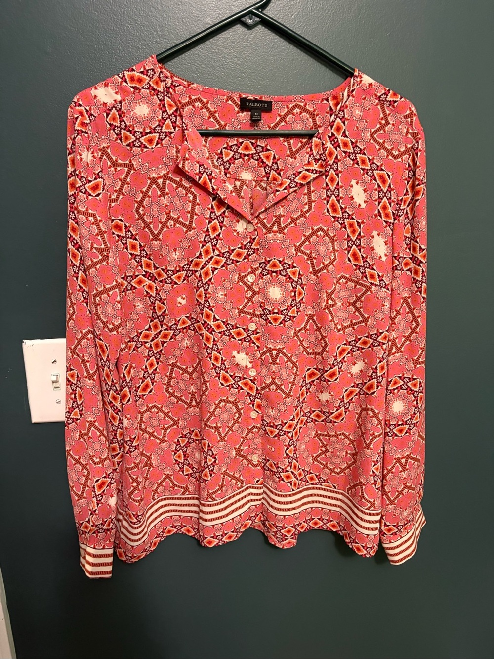 Talbots Coral-Pink Geometric V-Neck Long Sleeve Blouse